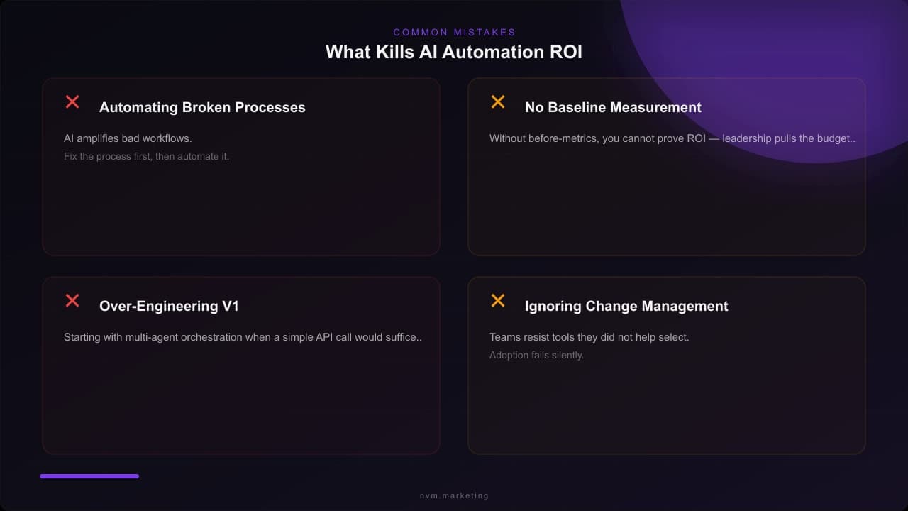 Four common AI automation mistakes: automating broken processes, no baseline, over-engineering, ignoring change management
