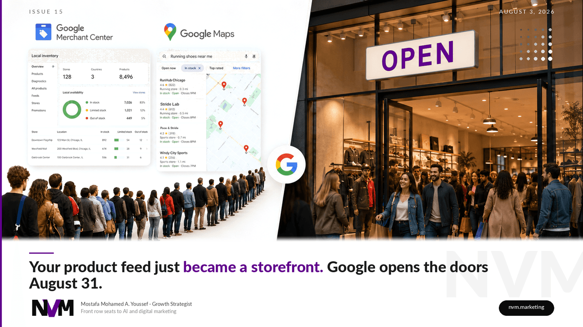 NVM Issue 15: Google Merchant Center local inventory next to Google Maps results, and shoppers entering a store